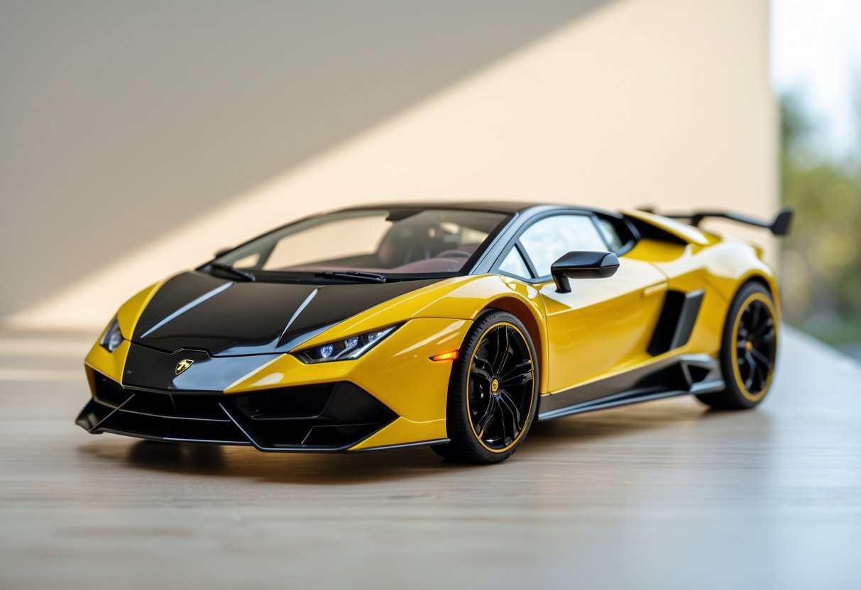 A yellow Lamborghini remote control car on a wooden surface with a blurred background.