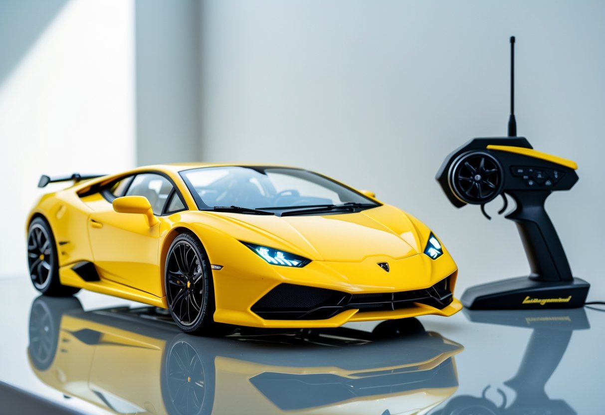 A yellow Lamborghini remote control car with its matching remote control on a smooth surface.