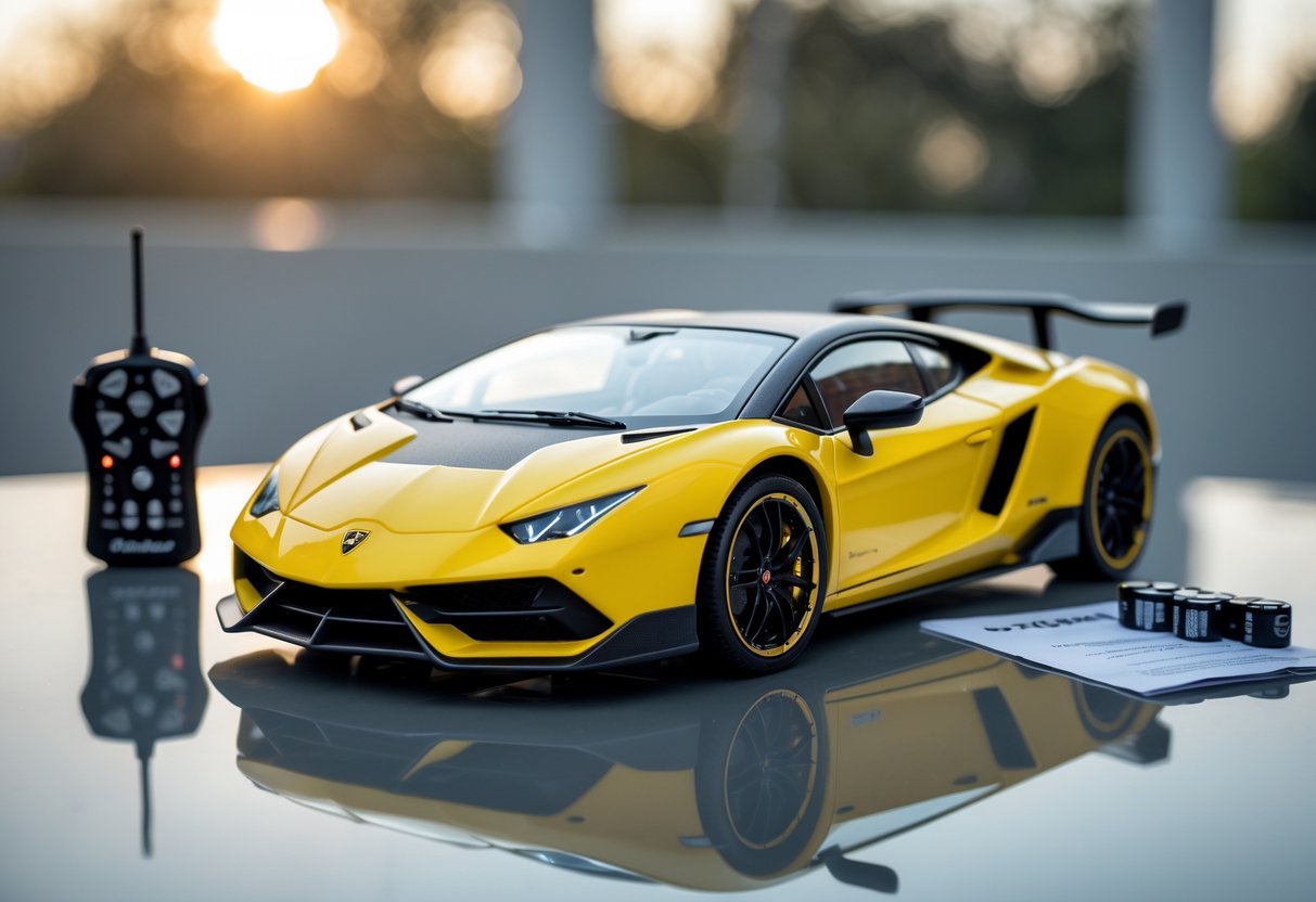 A detailed Lamborghini remote control car with a remote control and accessories on a smooth surface.