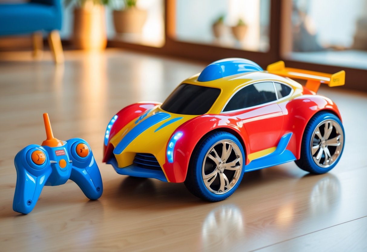 A remote control toy car and its controller on a wooden surface indoors.