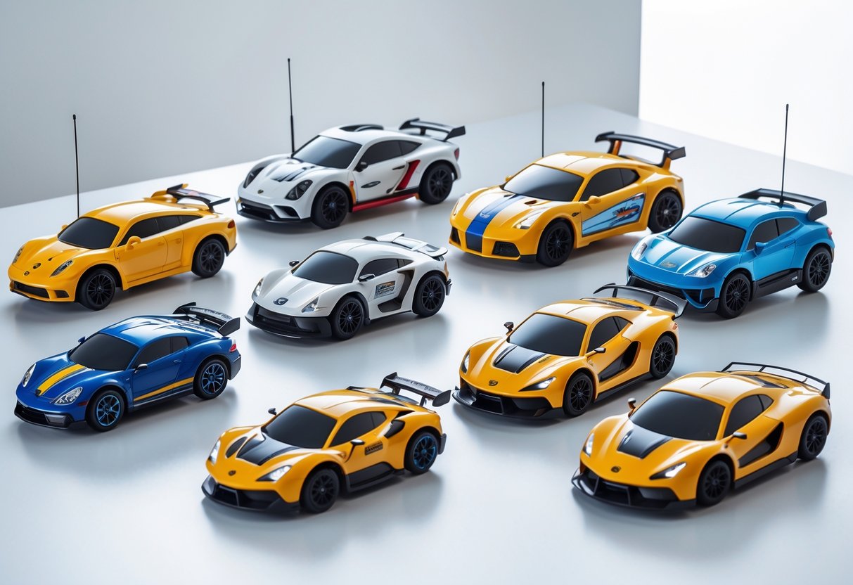 A group of colorful remote control toy cars displayed on a white surface with their controllers nearby.