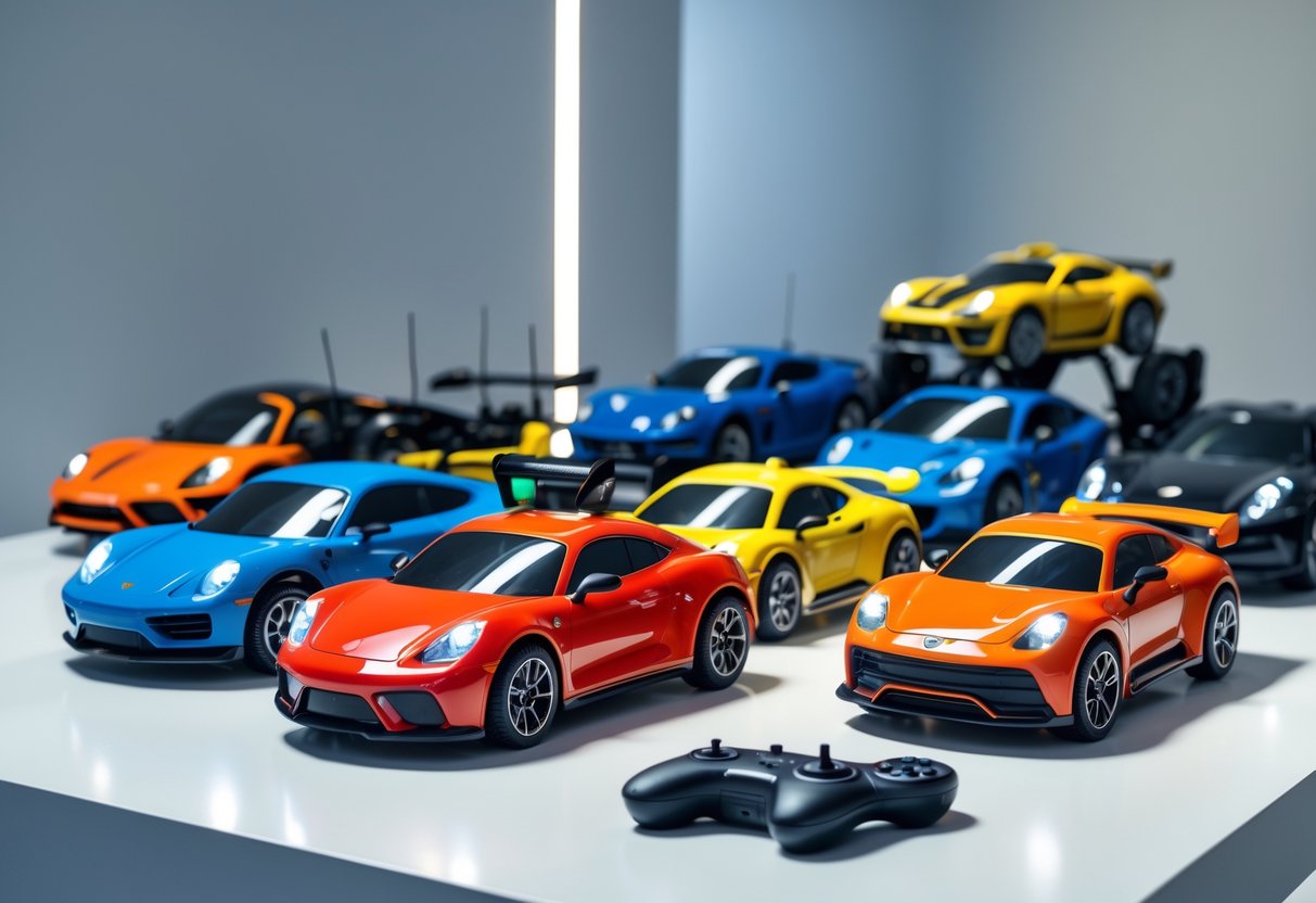 Several colorful remote control cars and their controllers arranged on a white surface.