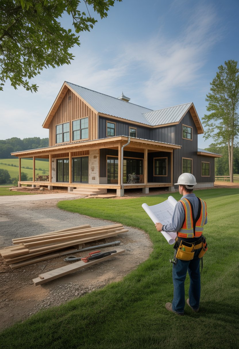 Best Barndominium Builders in Tennessee: Top 5 Trusted Options for Your Project 2 A modern barndominium home in Tennessee with a construction worker inspecting the building on a sunny day surrounded by green grass and trees.