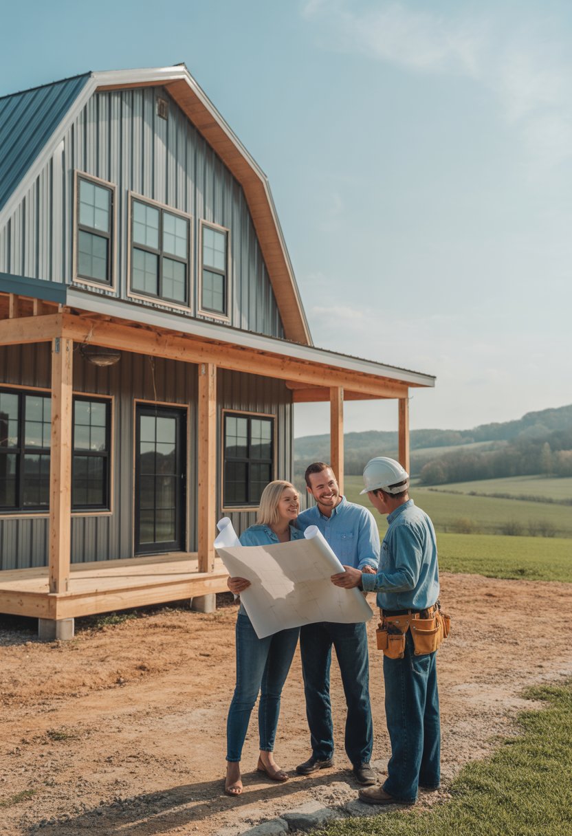 Best Barndominium Builders in Tennessee: Top 5 Trusted Options for Your Project 8 A couple and a builder discussing plans outside a newly built barndominium in a rural area with hills and green fields.