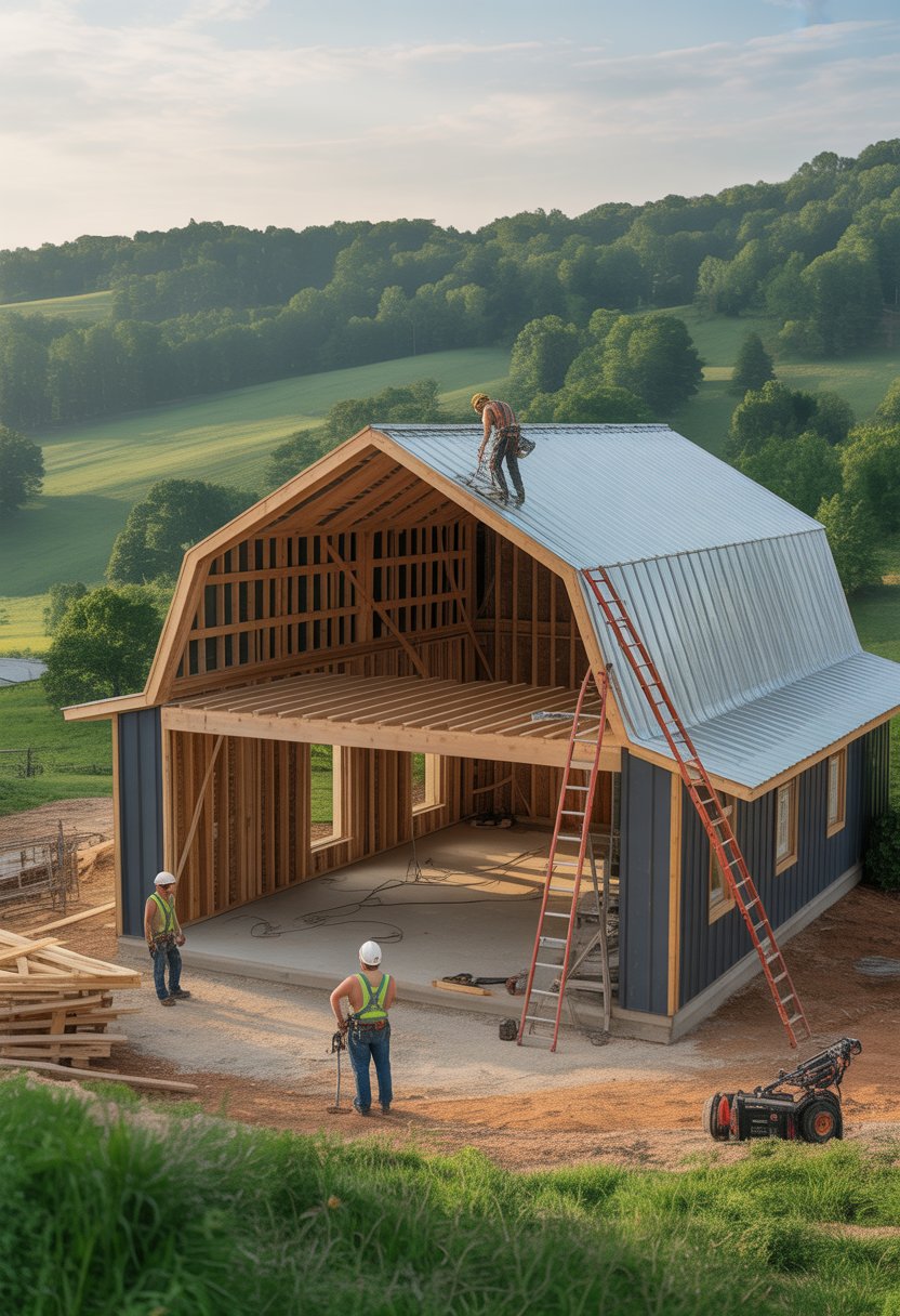 Best Barndominium Builders in Tennessee: Top 5 Trusted Options for Your Project 9 Construction workers building a large barndominium with wooden beams and metal siding in a green countryside setting.