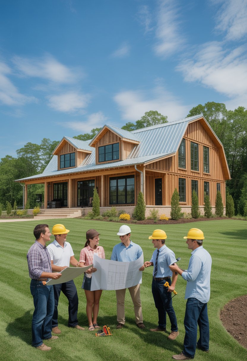 Best Barndominium Builders in Tennessee: Top 5 Trusted Options for Your Project 10 A modern barndominium with wood siding and metal roof surrounded by trees and grass, with people discussing plans in front of it.