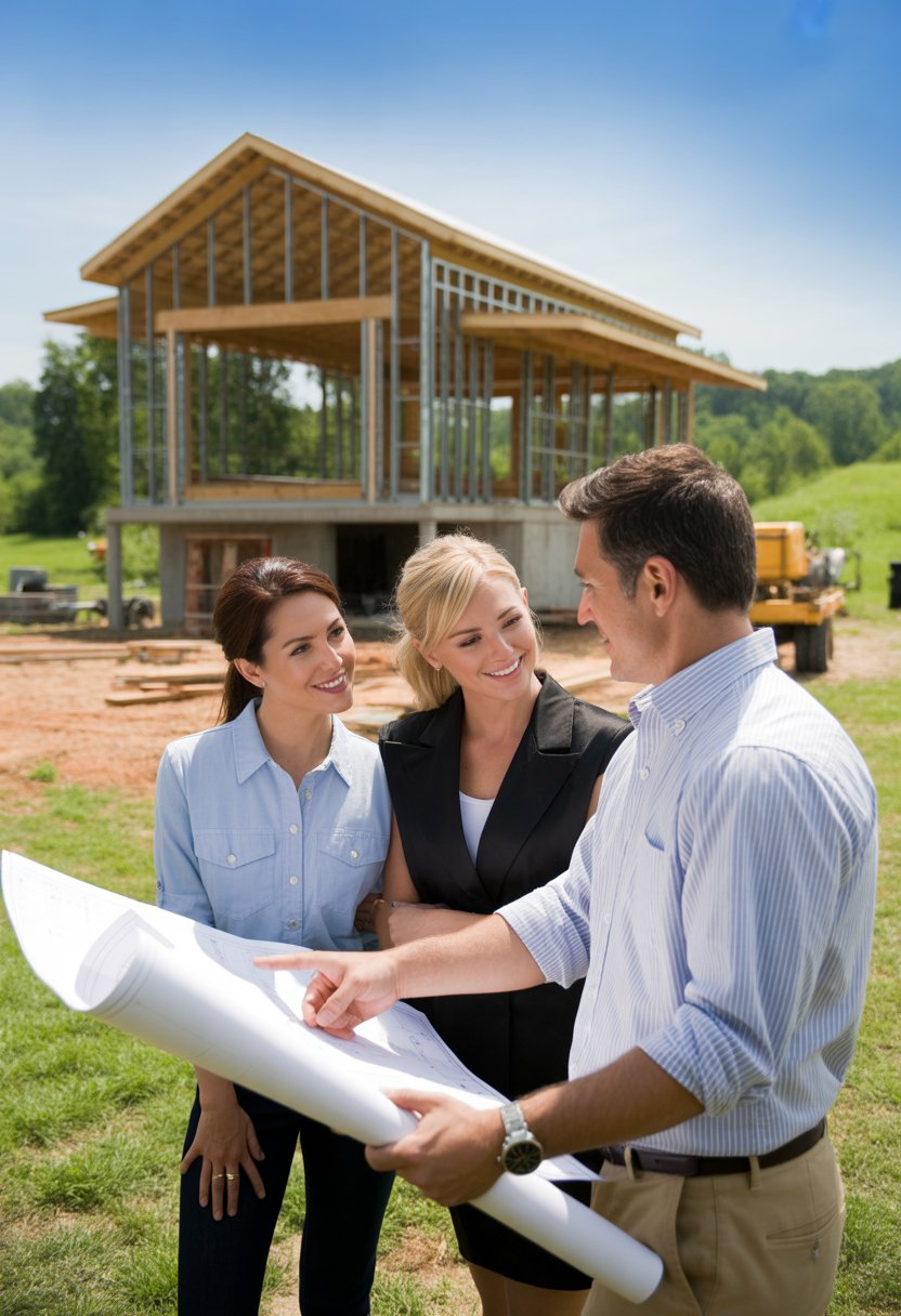 Best Barndominium Builders in Georgia: Top 5 Trusted Options 3 A construction professional and a couple reviewing blueprints in front of a barndominium under construction in a rural Georgia setting.
