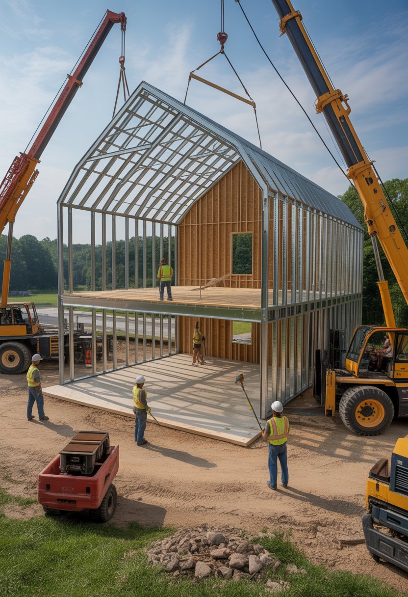 Best Barndominium Builders in Georgia: Top 5 Trusted Options 4 Construction workers building a barndominium on a rural site surrounded by trees and clear sky.