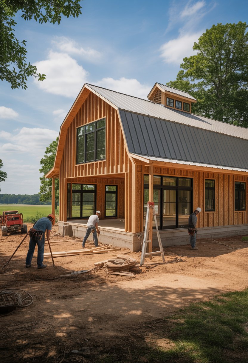 Best Barndominium Builders in Georgia: Top 5 Trusted Options 5 Builders working on a modern barndominium house in a rural area with trees and clear skies.