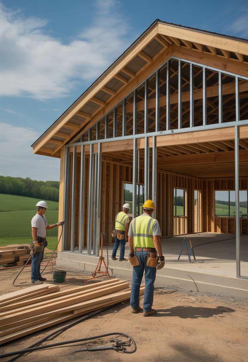 Builders working on the framework of a barndominium with green hills and blue sky in the background.