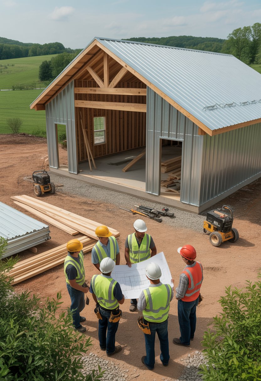 Builders discussing plans at a barndominium construction site in a rural area with hills in the background.
