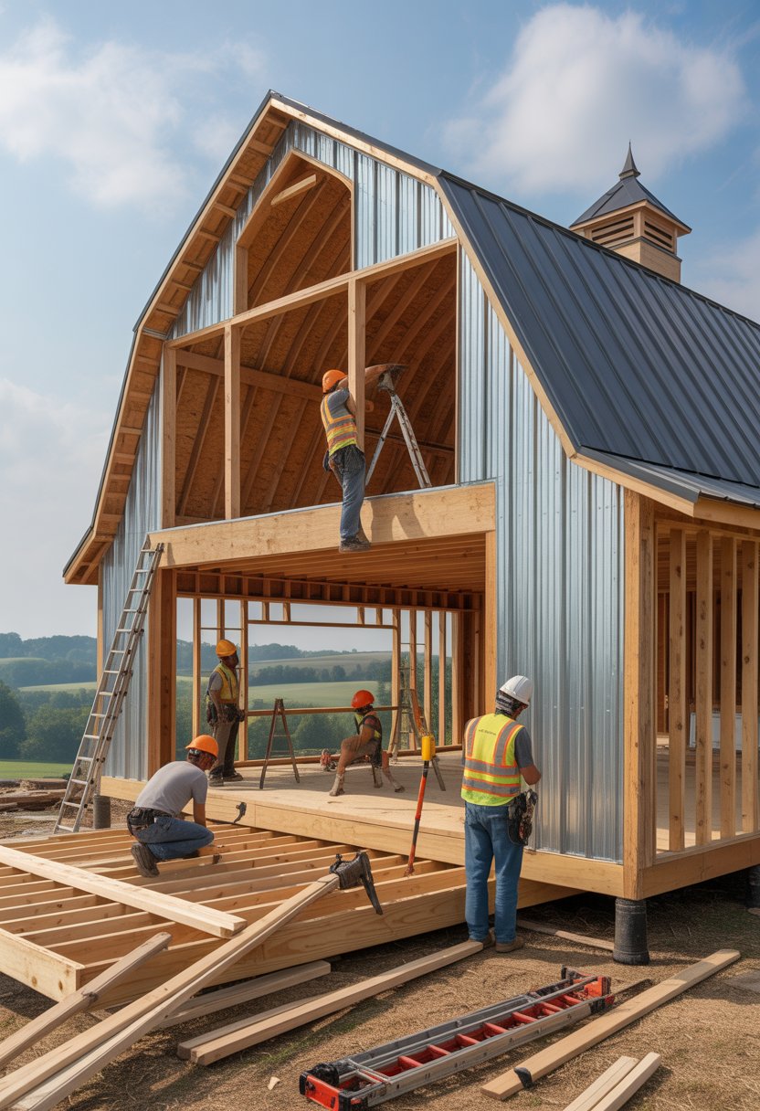 Builders working on the wooden framing of a barndominium house in a rural area with hills in the background.
