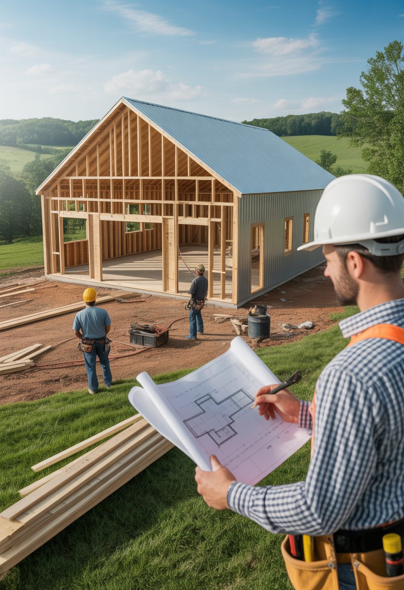 A partially built barndominium in a rural area with construction workers and a builder reviewing plans outdoors.