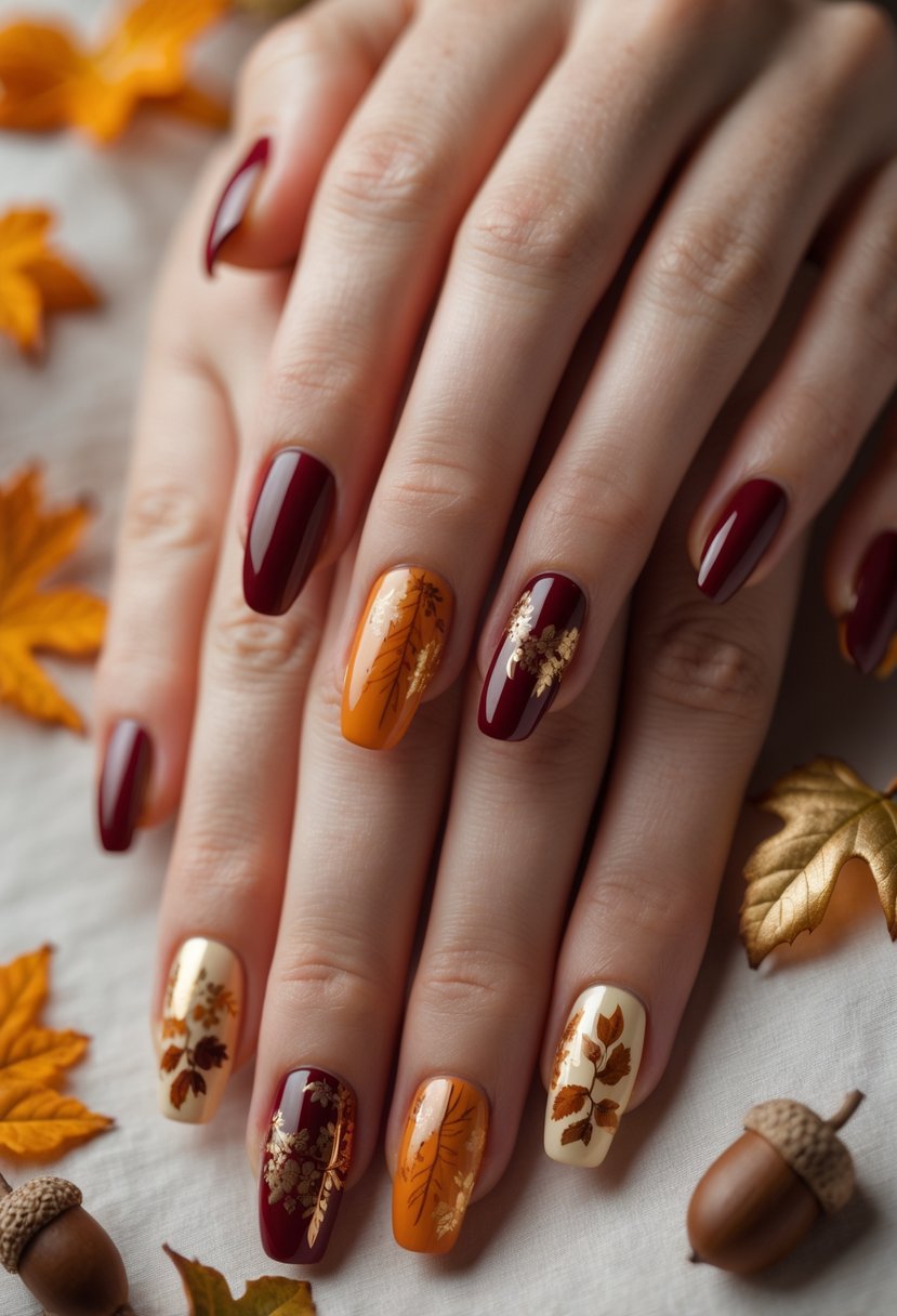 Close-up of hands with autumn-themed nail art featuring warm colors and leaf patterns resting on a neutral background with scattered fall leaves.