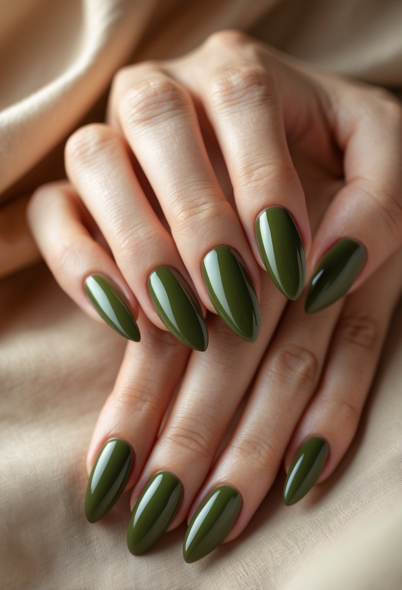 Close-up of a hand with olive green almond-shaped nails resting on a soft neutral background.