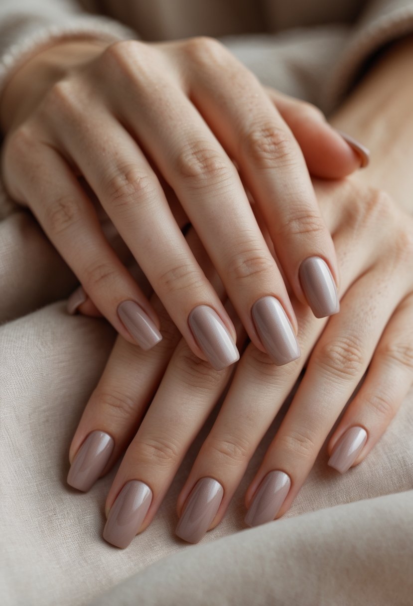 Close-up of a woman's hands with softly shimmering taupe-colored nails resting on a neutral background.