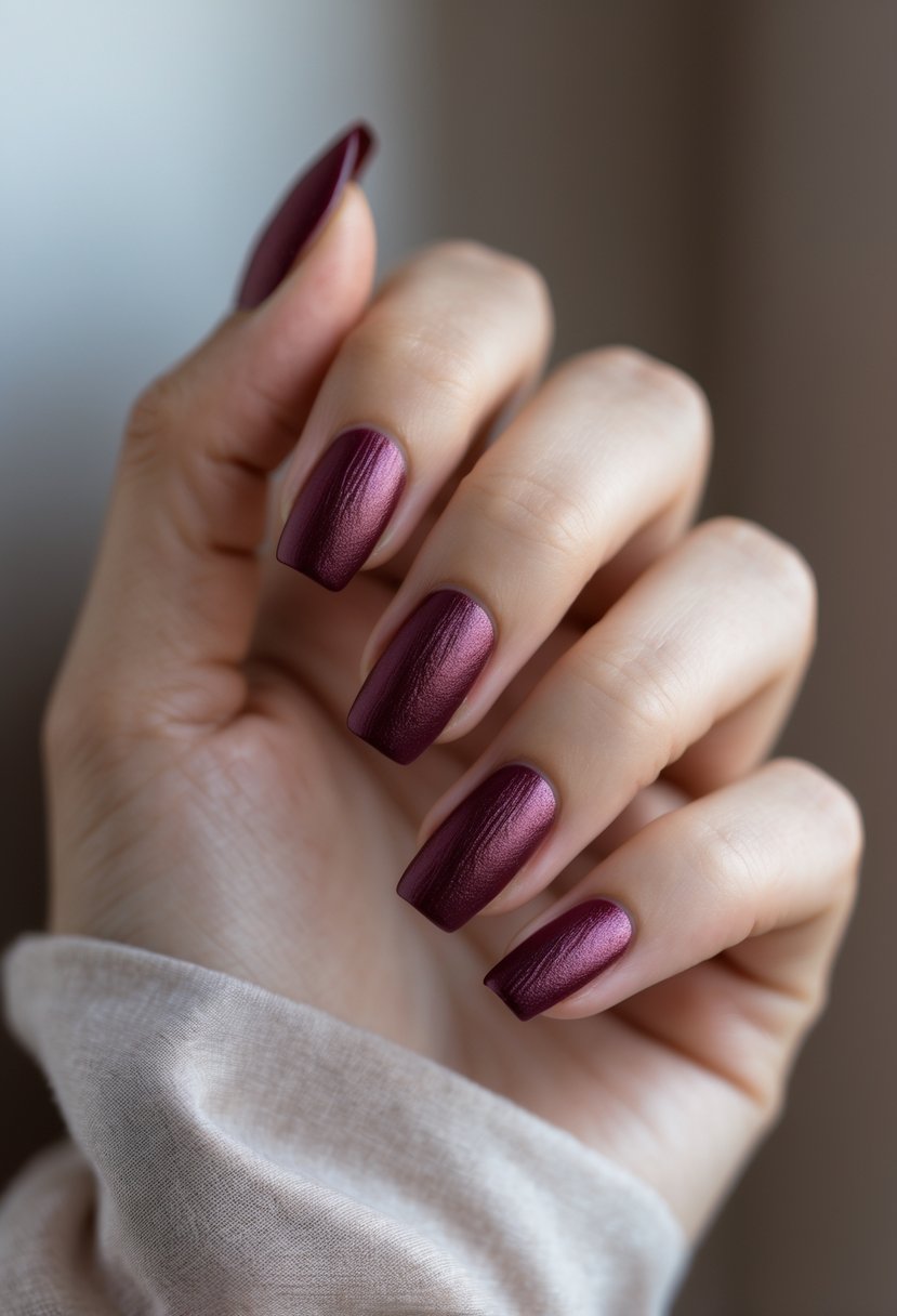 Close-up of a woman's hand with rich wine red textured nails against a neutral background.