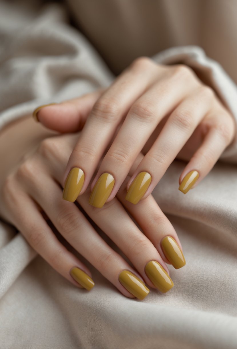 Close-up of hands with muted mustard yellow painted nails resting on a neutral surface.