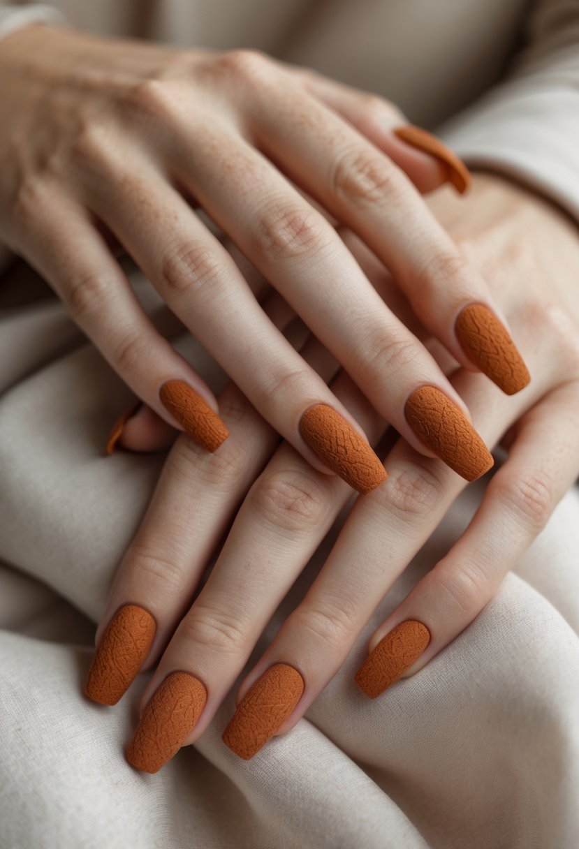 Close-up of hands with textured rust orange nails against a neutral background.