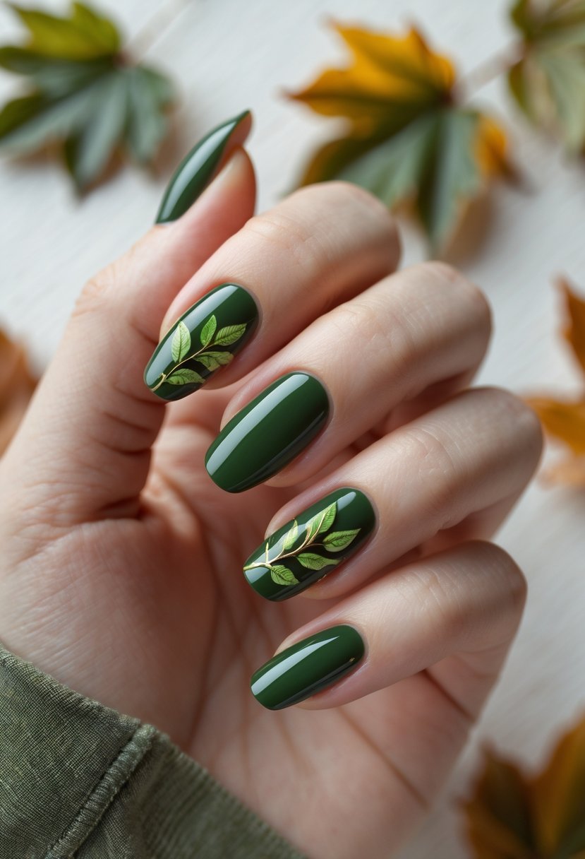 Close-up of a hand with glossy hunter green nails decorated with leaf designs resting on a wooden surface with autumn leaves in the background.