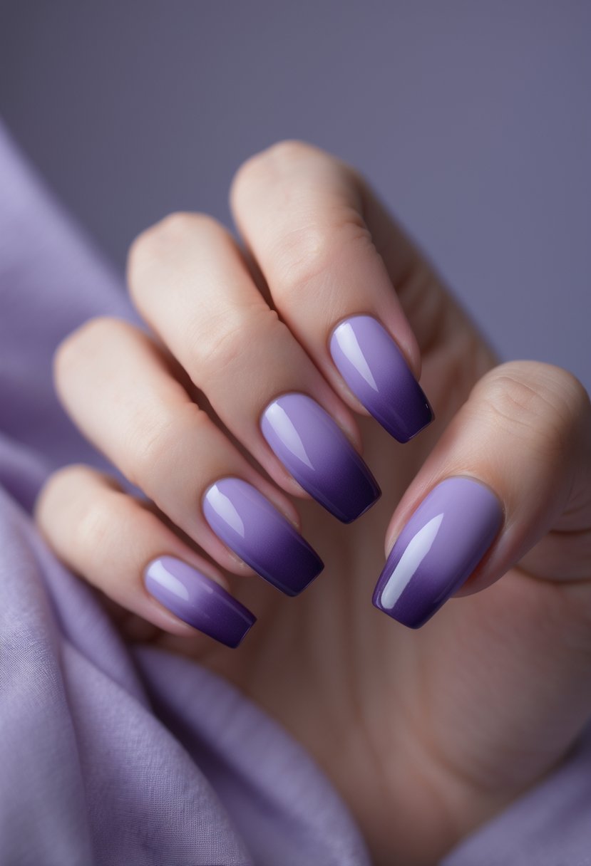 Close-up of a woman's hand with smoky lavender gradient nails against a soft blurred background.
