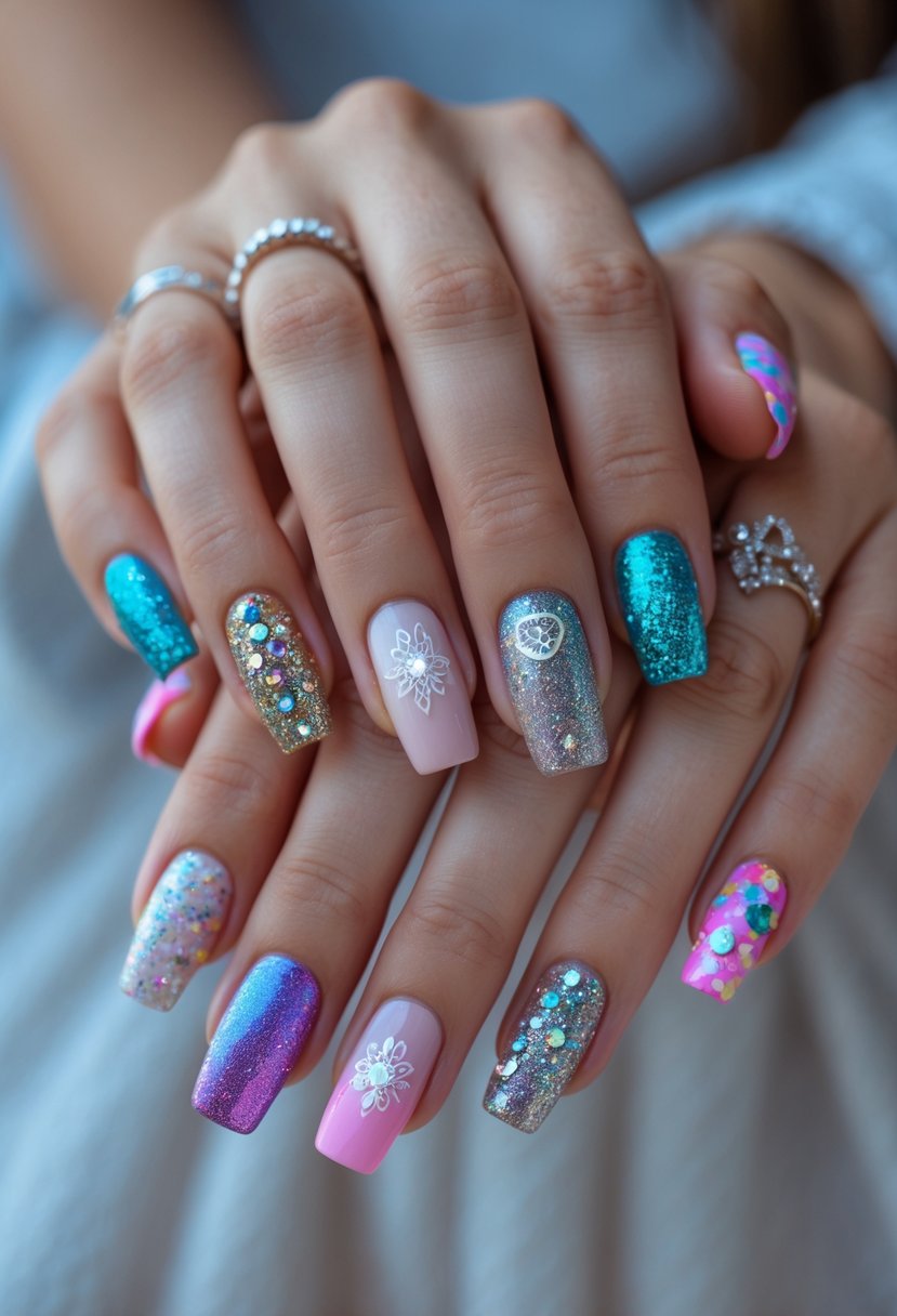 Close-up of a teenager's hands showing twelve different colorful and decorated nail designs.