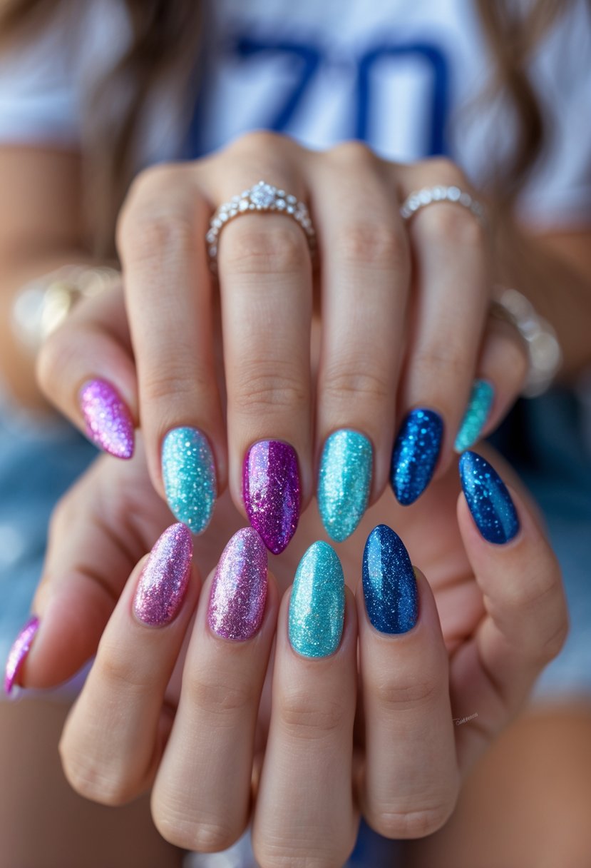 Close-up of hands with glitter gradient nails in school colors, showing a sparkling manicure.