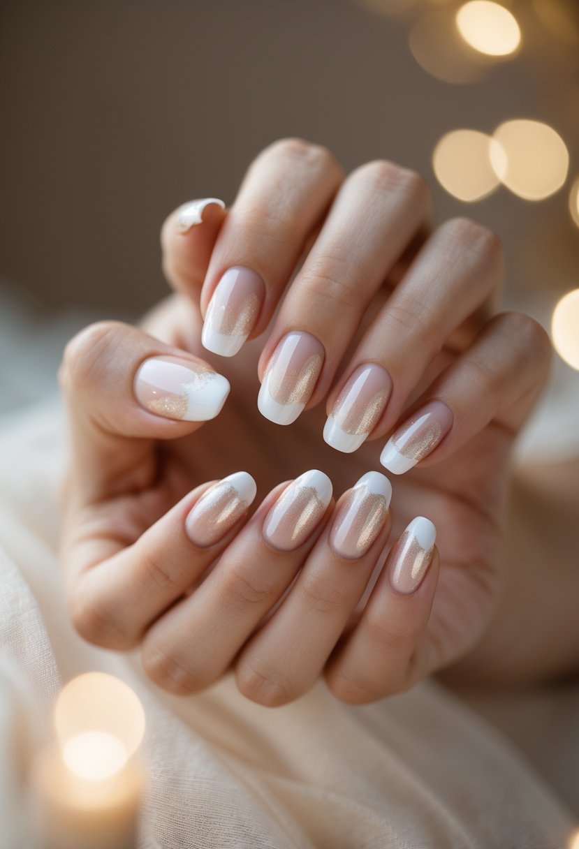 Close-up of a woman's hands showing neatly manicured nails with white tips and subtle shimmer.