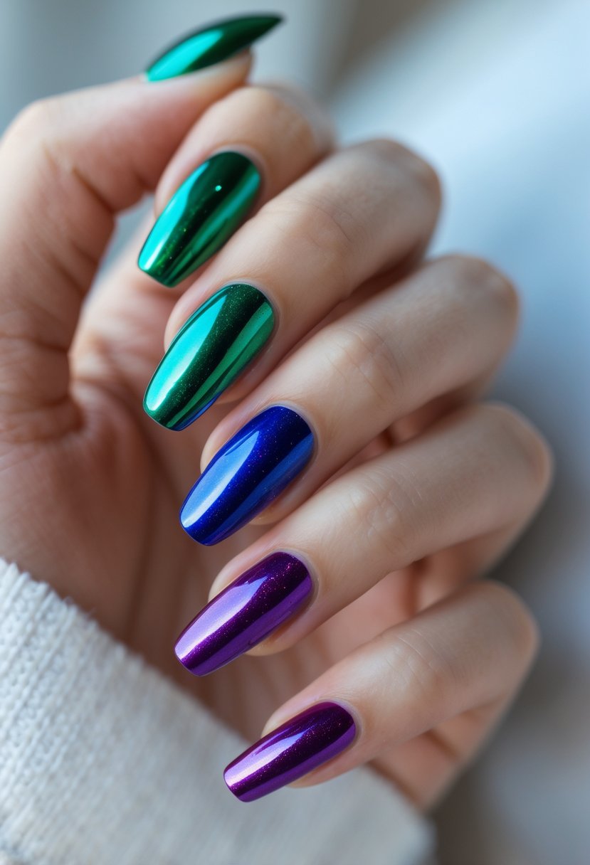 Close-up of a hand with shiny metallic nails painted in various jewel tones against a plain background.