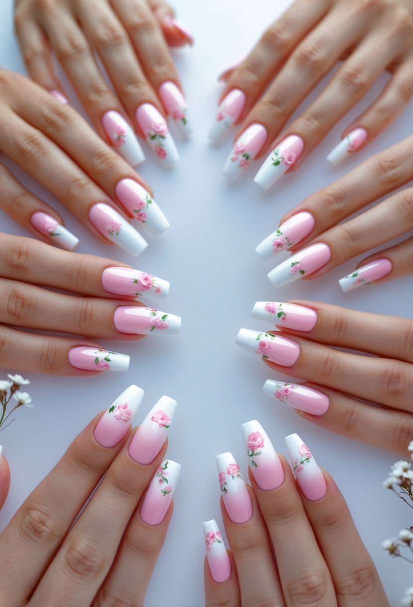 Twelve hands showing pink to white ombre nails with floral designs arranged on a white background.