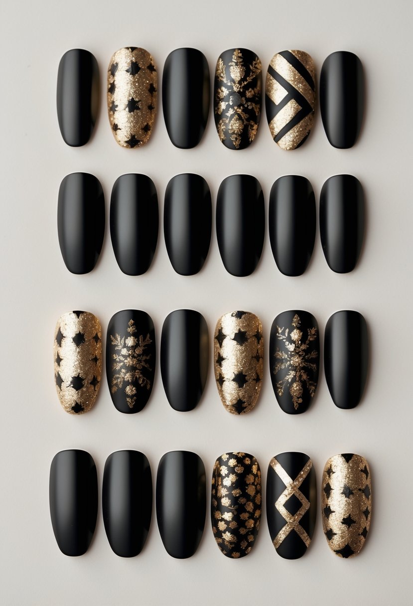 Twelve teen homecoming nail designs with matte black bases and gold foil accents arranged neatly on a neutral background.