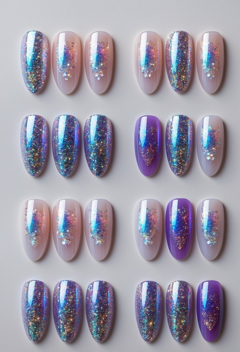 Twelve teen homecoming nail designs with holographic glitter overlays arranged on a neutral background.