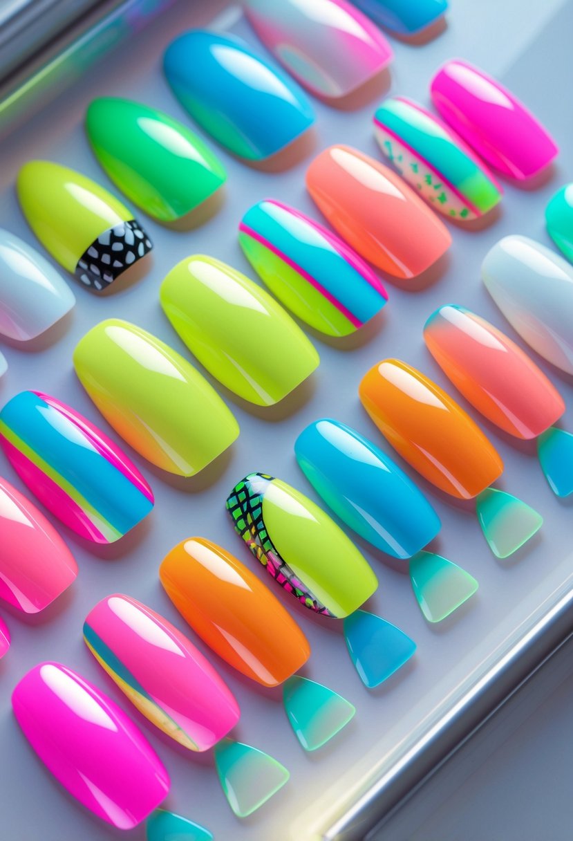 Twelve colorful neon nail designs with glossy finishes arranged on a reflective surface.