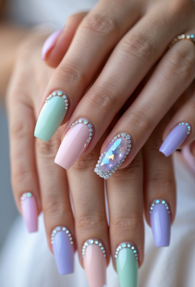 Close-up of hands with pastel-colored nails decorated with small rhinestones.