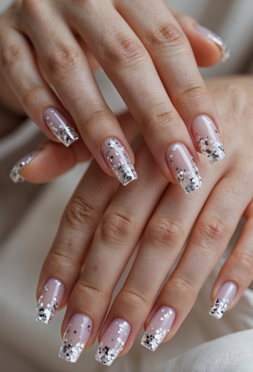 Close-up of hands with clear nails decorated with delicate silver confetti.