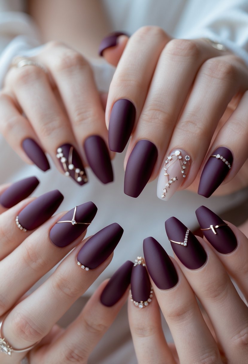 Twelve teenage hands with deep burgundy matte nail polish and subtle decorative accents arranged neatly against a neutral background.