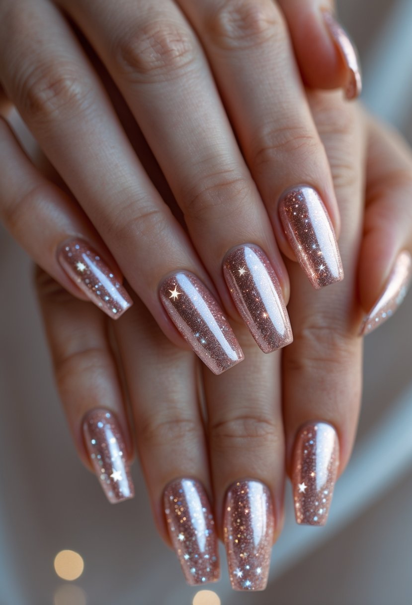 Close-up of hands with rose gold nails decorated with tiny star designs.