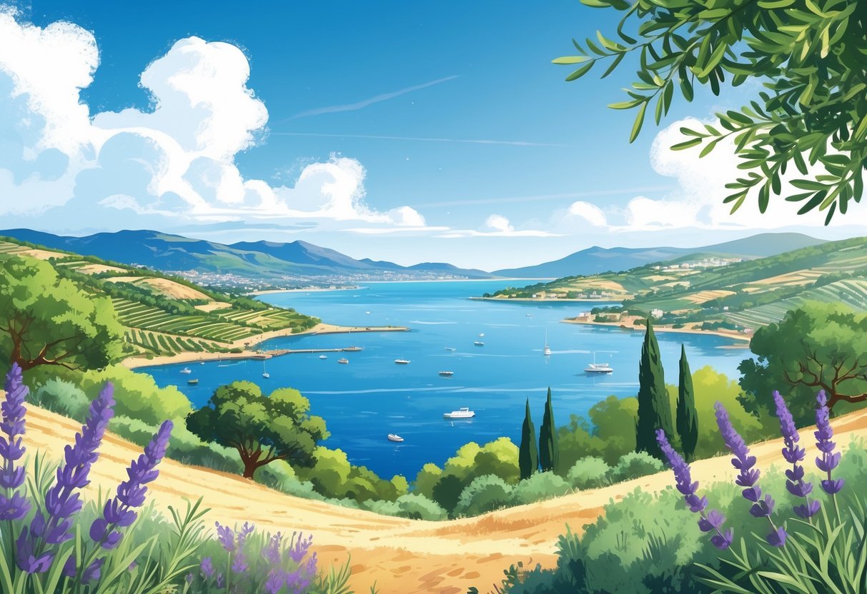 Obala s maslinicima, vinogradima, lavandom i cipresama uz more pod plavim nebom.