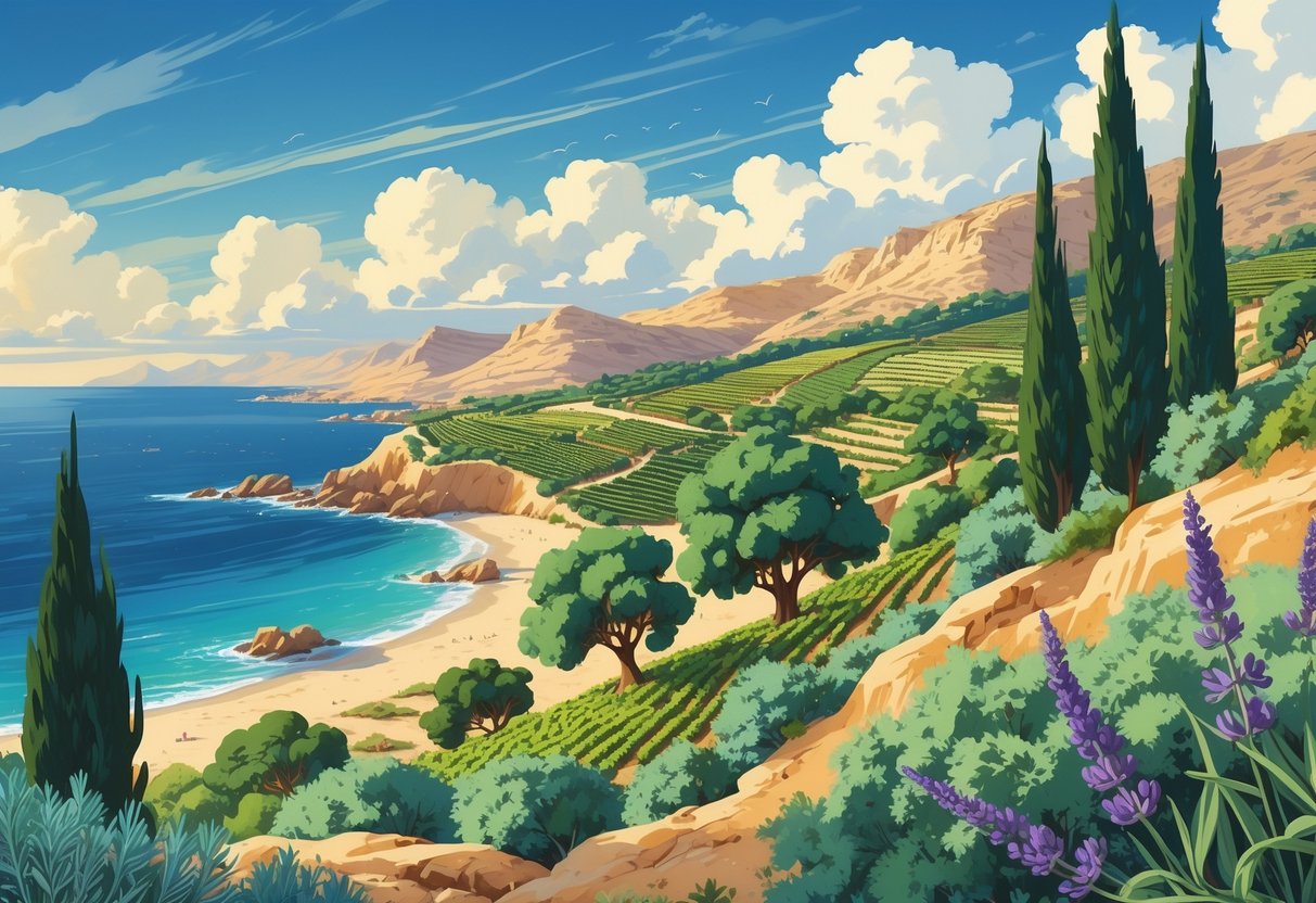 Prikaz različitih tipova mediteranske klime s obalom, maslinicima, vinogradima, planinama i tipičnim mediteranskim biljkama.