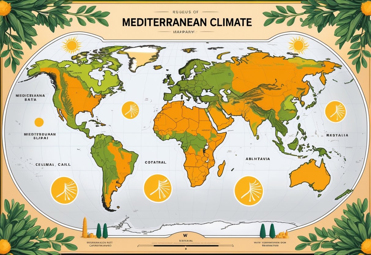 Karta svijeta koja prikazuje područja s mediteranskom klimom označena toplim bojama, uz simbole poput maslinovih grana, vinove loze i čempresa.