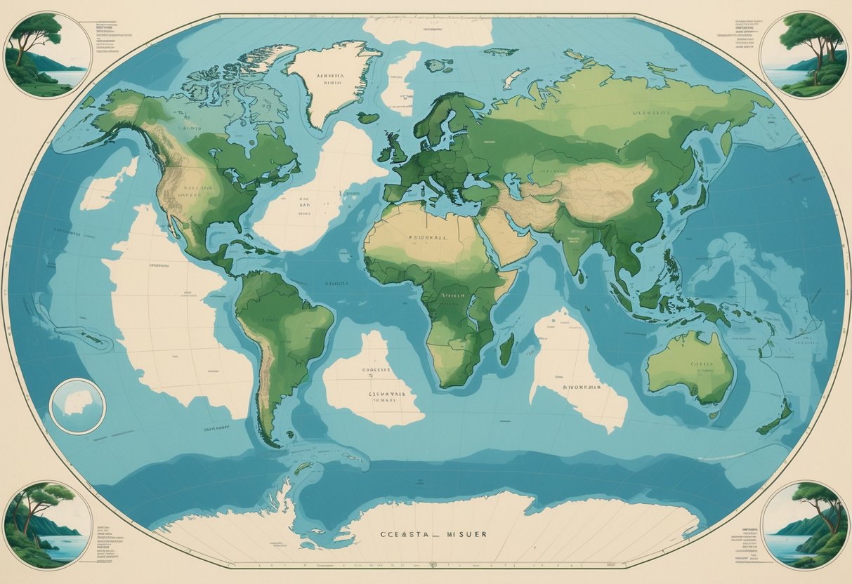 Karta svijeta koja prikazuje obalne regije s oceanskom klimom označene plavim i zelenim nijansama, uz ilustracije karakterističnih obilježja poput zelenih šuma i oblačnog neba.