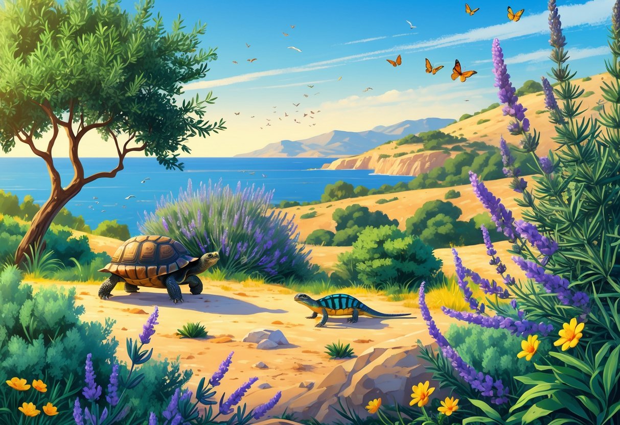 Prikaz mediteranskog krajolika s maslinama, lavandom, životinjama poput kornjače, guštera i ptica te pogledom na more i brežuljke.