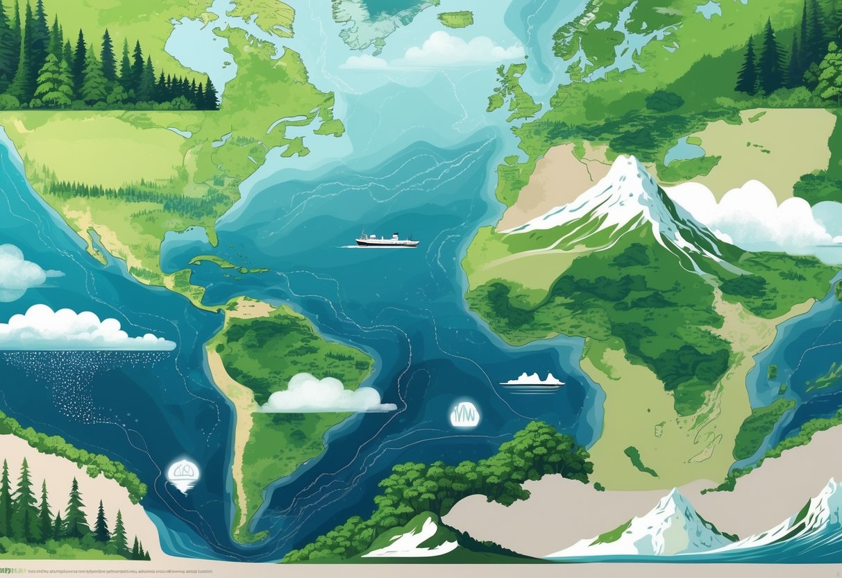 Ilustracija različitih podtipova oceanske klime s prikazom obalnih područja, šumama, oblačnim nebom i blagim planinskim vrhovima.