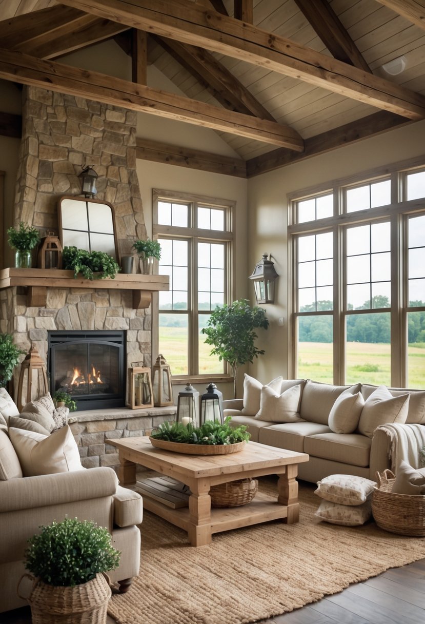 Rustic Farmhouse Living Room Ideas: 21 Stylish Ways to Create a Cozy Space 2 A cozy living room with a stone fireplace, wooden beams, comfortable seating, and natural light coming through large windows.