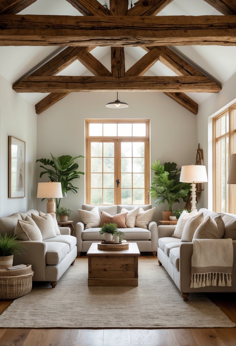 Rustic Farmhouse Living Room Ideas: 21 Stylish Ways to Create a Cozy Space 3 A living room with exposed wooden ceiling beams, comfortable seating, and natural light coming through large windows.