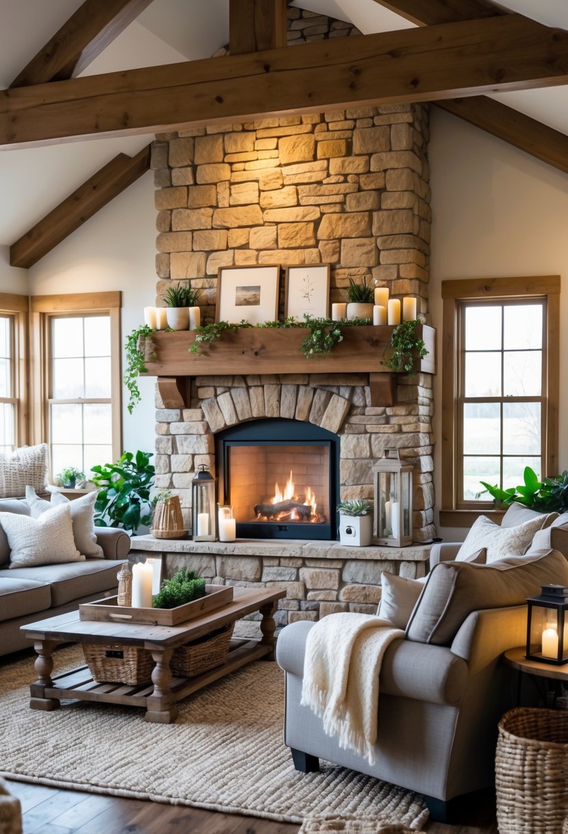 Rustic Farmhouse Living Room Ideas: 21 Stylish Ways to Create a Cozy Space 4 A living room with a large stone or brick fireplace surrounded by comfortable seating and warm lighting.