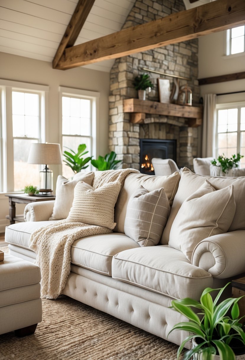Rustic Farmhouse Living Room Ideas: 21 Stylish Ways to Create a Cozy Space 5 A cozy living room with a plush overstuffed sofa in neutral colors, a wooden coffee table, stone fireplace, and potted plants.