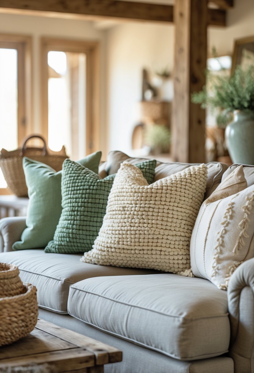 Rustic Farmhouse Living Room Ideas: 21 Stylish Ways to Create a Cozy Space 6 A living room with textured sage green and cream throw pillows on a sofa, surrounded by wooden furniture and soft natural light.