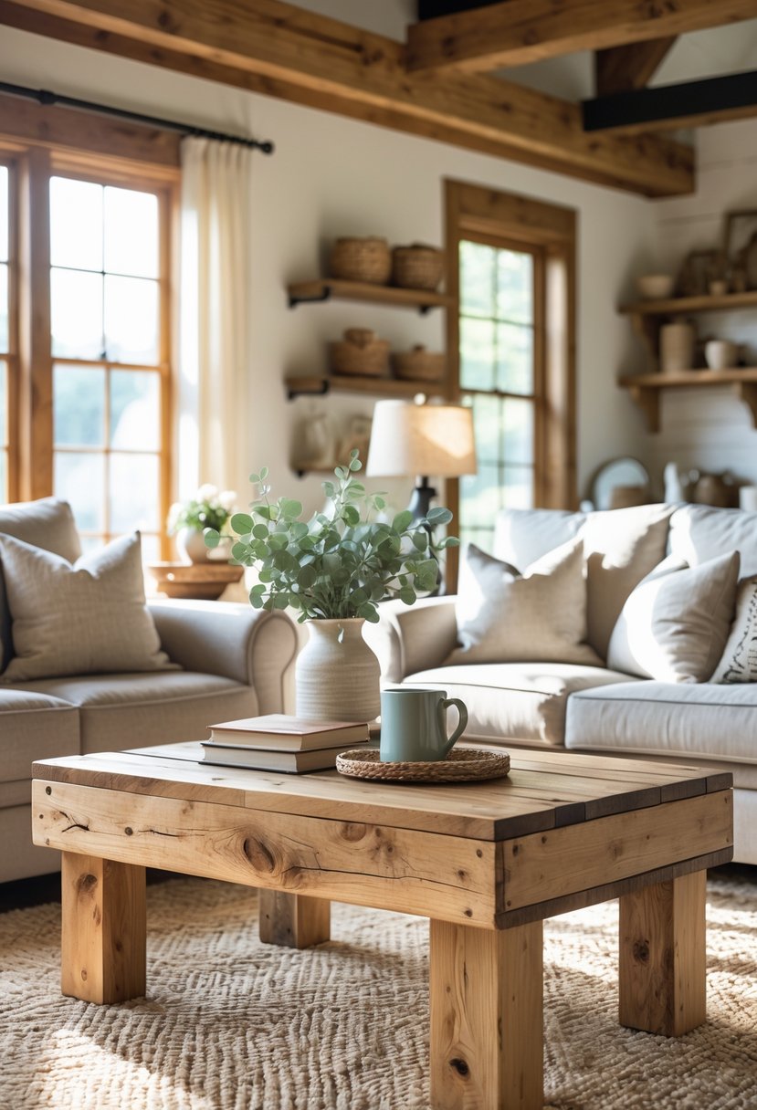 Rustic Farmhouse Living Room Ideas: 21 Stylish Ways to Create a Cozy Space 7 A living room with a wooden coffee table in the center, surrounded by sofas and armchairs, with natural light coming through windows.