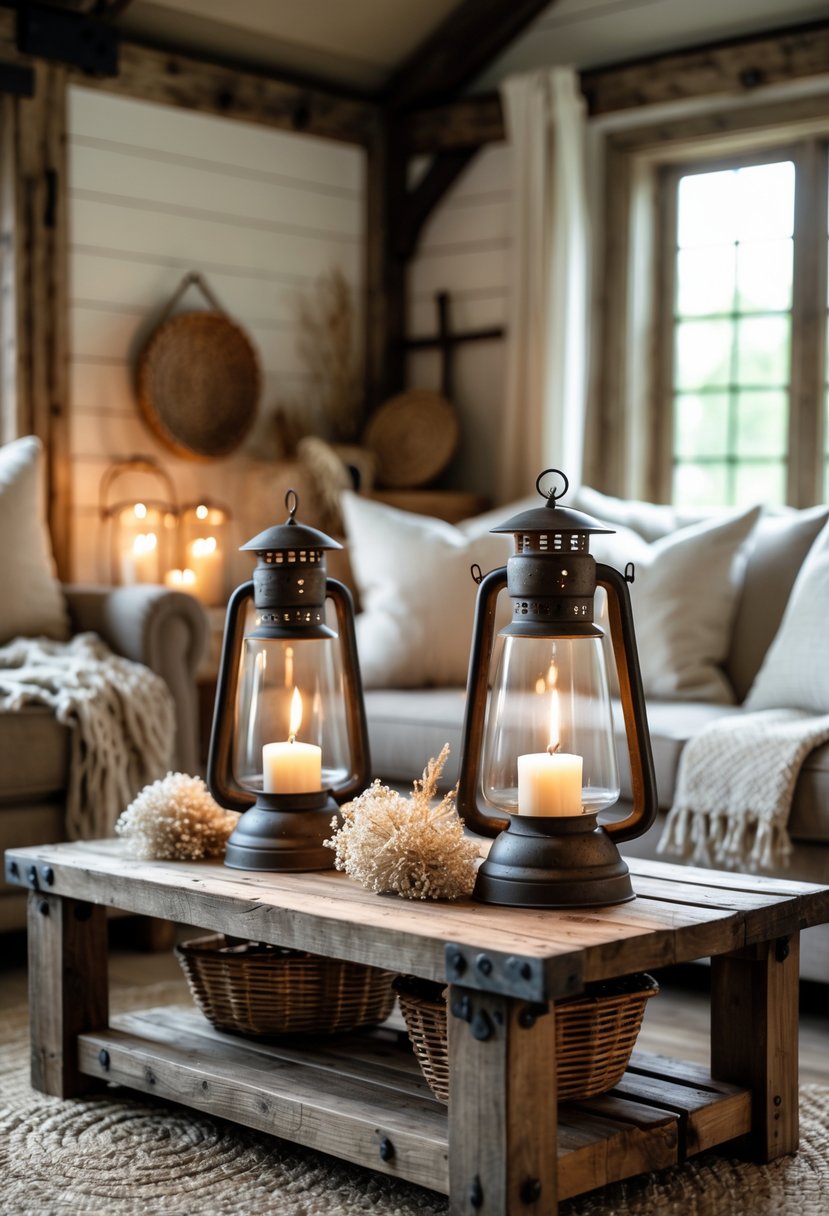 Rustic Farmhouse Living Room Ideas: 21 Stylish Ways to Create a Cozy Space 8 A living room with a wooden coffee table holding two vintage metal lanterns surrounded by natural decor and a comfortable seating area in the background.